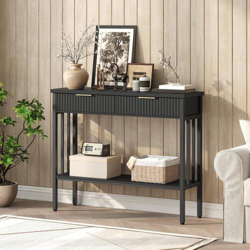 MAHANCRIS Console Table with 2 Drawers, Narrow Long Entry Table with Storage Shelf, 2-Tier Fluted Entryway Table with 2 Drawers, for Entryway, Living Room, Foyer, Hallway, Office, Black CTHB5101