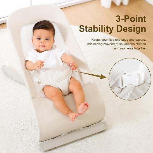 3-in-1 Portable Baby Bouncer & Rocker Chair for Newborn to Toddler - 4 Adjustable Recline Positions, Breathable Cotton Fabric, Natural Vibration, Supports Up to 33 lbs (Oatmeal Khaki)