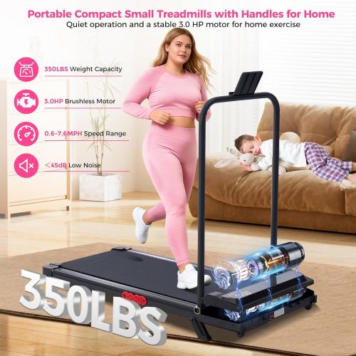 Portable Walking Pad Treadmill with Handle Bar and Incline for Home 0.6-7.6MPH Under Desk Treadmill for Home Small, 350LBS Small Treadmills with Handles, 3.0HP Treadmills for Exercising