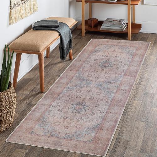 GLN Rugs Vintage Collection - Machine Washable Area Rug, Vintage Washable, Non Slip, Low Pile Rug, Living Room, Bedroom, Bathroom Rug - Easy Clean (2'6x7' Multi/Pink)
