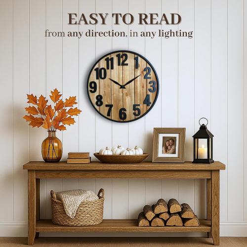 Montoire 24 Inch Wooden Farmhouse Wall Clock Large, Extra Large for Living Room Decor - Big Oversized Rustic Round Decorative Clocks for Walls, Battery Operated