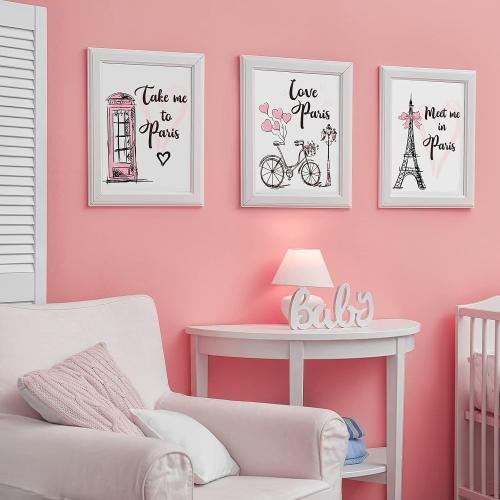 Outus 4 Pieces Paris Wall Decor Pink Paris Themed Bedroom Decor Eiffel Tower Wall Art Prints Romantic Unframed Picture Poster for Living Room Girls Bedroom Bathroom Office Decoration, 8 x 10 Inch