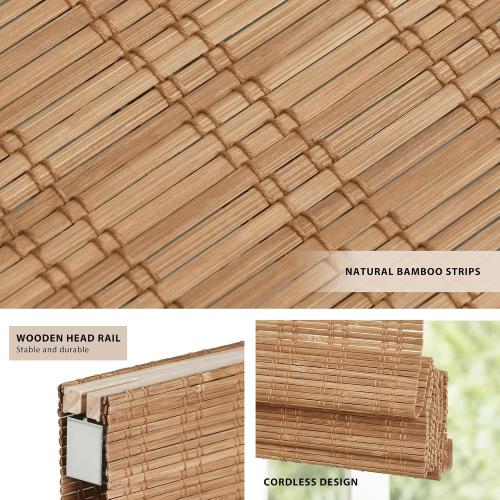 LazBlinds No Tools No Drill Cordless Bamboo Roman Shades, Light Filtering Window Treatment, Roll Up Bamboo Blinds for Windows 33'' W x 64'' H, Ceylon Light Russet