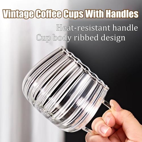 Viovian 12oz Clear Glass Coffee Mugs Set of 6 Ribbed Coffee Cups With Handles Modern Cute Glass Tea Mug Cup for Hot Beverage/Cappuccino/Latte/Cereal/Yogurt/Mocha/Milk