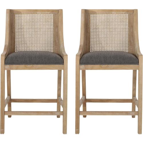 Fabric Upholstered Wood and Cane Counter Stools with Backrest,Set of 2,French Country Barstools Chair