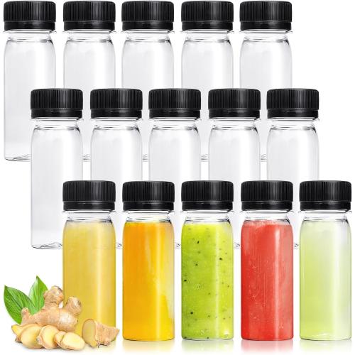 Xuyyicao 30 Pcs 2 Oz Small Plastic Bottles for Liquids,Ginger Shot Bottle with Lids,Reusable Bulk Beverage Containers for Juice,Liquor,Potion,Wellness,DIY,Wedding,Party,Travel(Black Cap)