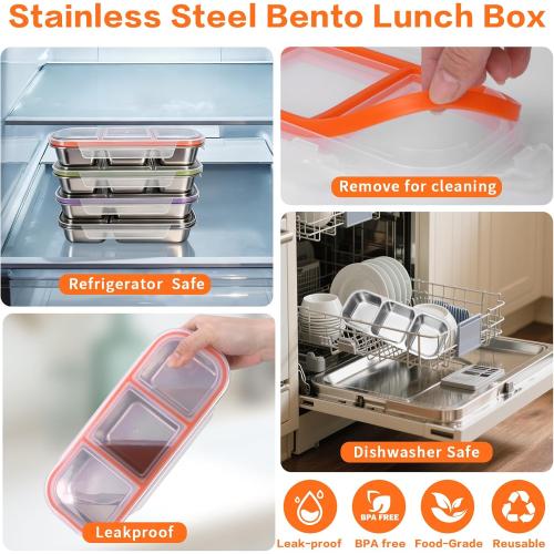 4 Pack Stainless Steel Snack Containers with Lids 3 Compartments