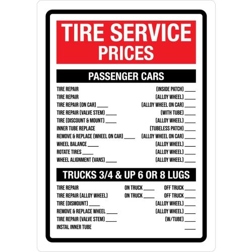 Tire Service Prices Portrait - Wall Sign 8x12 Metal Sign Danger Warning Man Cave Yard Indoor Or Outdoor