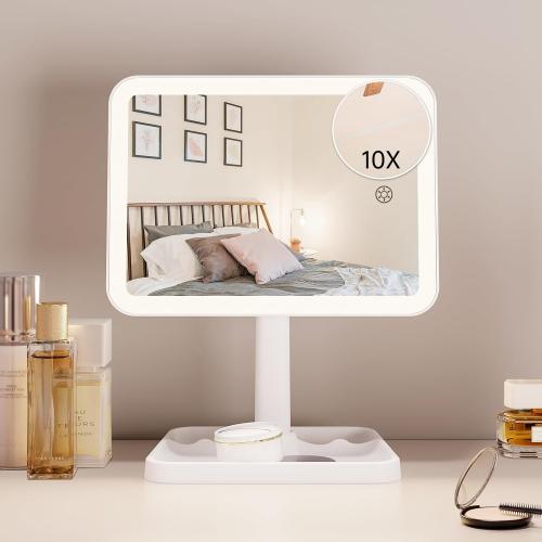FUNTOUCH Rechargeable Lighted Mirrors for Makeup, 2000mAh, 10X Magnification/3 Color Lighting Portable Tabletop Cosmetic Make Up Mirror, 360° Rotation Led Light up Mirrors with Storage,White