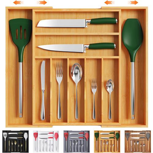 Bellsal Acacia Silverware Organizer Kitchen Drawer Organizer Expandable Bamboo Utensil Holder Cutlery Tray for Kitchen Utensil and Flatware Bedroom Office