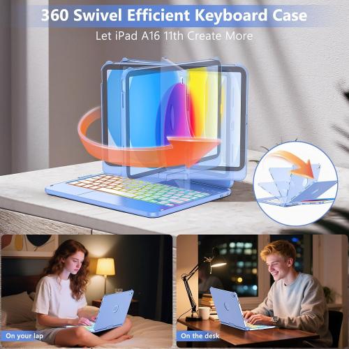 FUWANG Touch Keyboard Case for iPad A16 11th/10th Gen, 360° Rotating, Blue