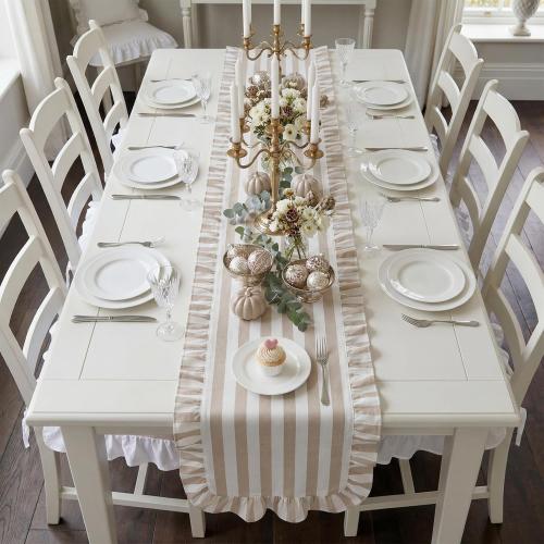 Tegeme Brown and White Stripe Ruffle Table Runner, 100% Cotton 13 x 90
