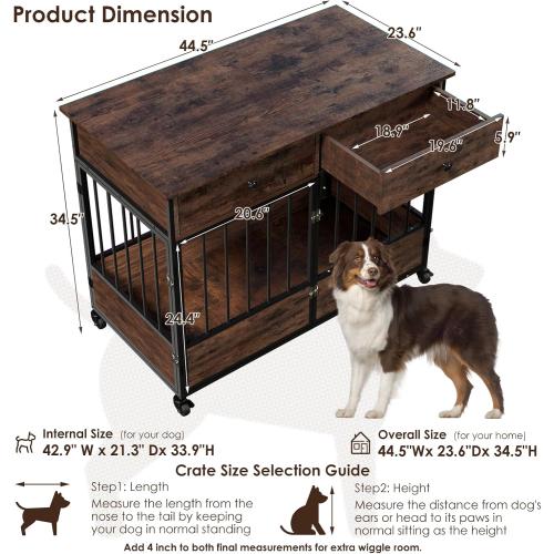 44.5 Dog Crate Furniture, Wooden Dog Kennel with Storage Drawers, Large Dog Cage with Wheels, Heavy Duty Wooden Dog Crate End Table with Steel Tubes for Big Breed