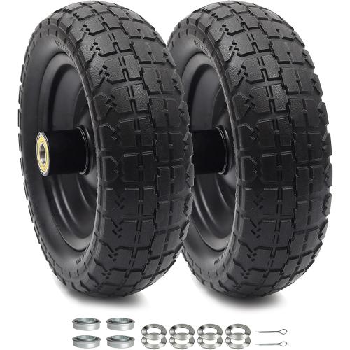 AR-PRO (2-Pack) 10 Flat Free Solid Tire and Wheel - with 5/8 Axle Bore Hole, 2.1 Offset Hub for 10 Inch Wheelbarrow Wheels - Compatible with Garden Cart,Trolleys,Hand Trucks and Yard Trailers