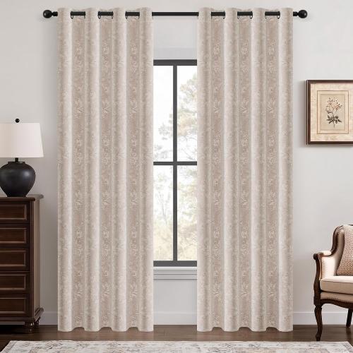 Floral Jacquard Beige Blackout Curtains for Bedroom 84 Inch Long 2 Panels