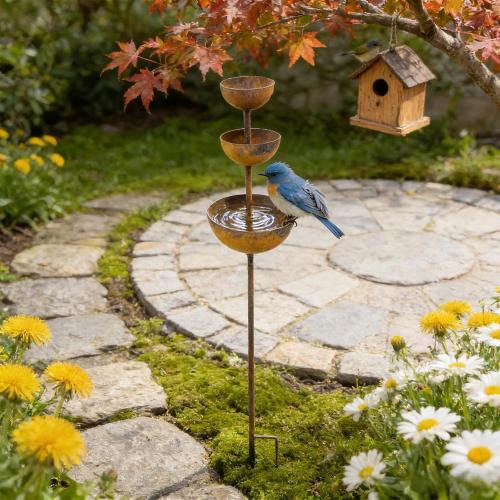 Vintage Metal Bird Bath, Iron Bee Watering Station, Three-Layer Structure Hummingbird Feeders for Outdoors, Yard Decor for Garden Patio Lawn, Lawn Decor with Stable L-Shaped Plug, 26.77×3.94 in