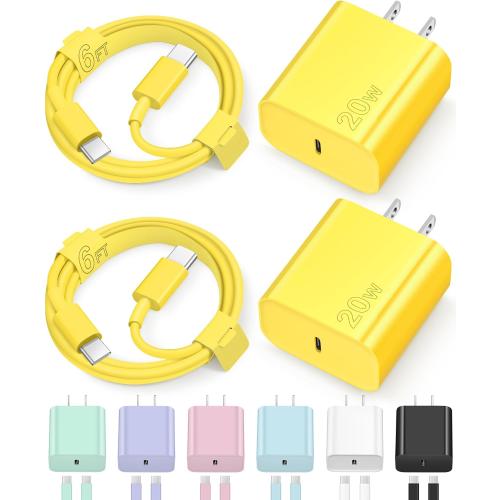 Yellow 2 Pack iPhone 17 16 15 Charger Fast Charging Type C Chargers USB C Charger Block iPhone Air Chargers with 2 Pack 6FT Cable for iPhone 17/17 Plus/17 Pro Max/16/16 Plus/16 Pro Max/15 Pro Max/iPad Pro(Yellow)