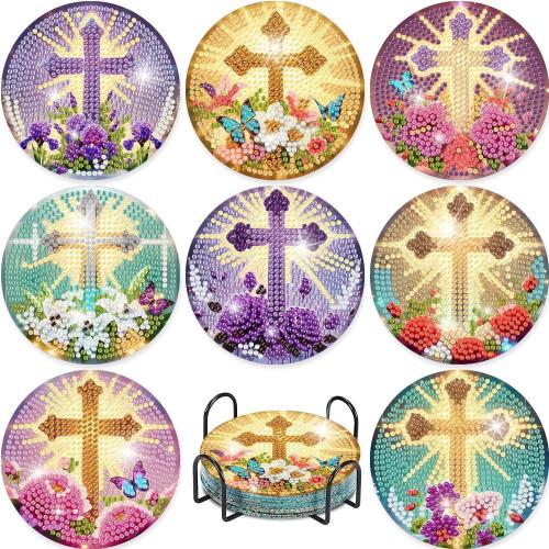 8 Pcs Cross Diamond Painting Drinks Coasters Kits,Flowers and Christ Cross Diamond Art Coasters for Adults with Holder,DIY Gem Coaster Art Crafts Supplies with Cork Pads for Home Decor 4X4 Inch.