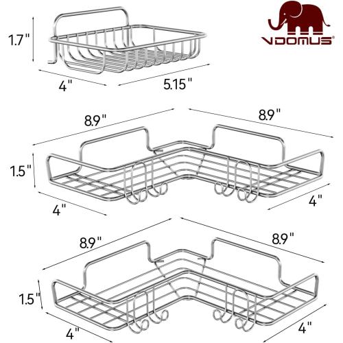 Vdomus Corner Shower Caddy Shelf, No Drilling Traceless Adhesive Rust Proof Stainless Steel Shampoo Holder with Soap Holder, Bathroom Organizer Wall Shelf Basket Rack with Hooks, 3 Pack