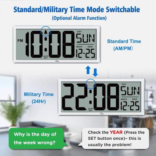 WallarGe 14.5'' Large Digital Wall Clock Battery Operated