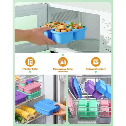 Canfanni 4 Pcs Bento Box Set, Reusable 3 Compartments Snack Boxes with 2 Leakproof Small Containers, Stackable Meal Prep Lunch Containers for School, Work, and Travel