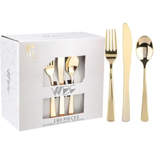 WDF 180 Pieces Disposable Plastic Gold Silverware Cutlery - Disposable Flatware Set 60 Forks, 60 Knives and 60 Spoons - Heavy Duty Gold Plastic Cutlery - Utensils for Baby Shower Wedding Spring