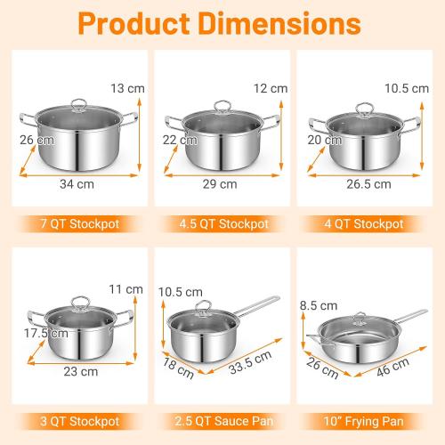 12 Piece Pots & Pans Set, Stainless Steel Cookware Set with Tempered Glass Lids, Handles & 3-Ply Base, 4 Stockpots, 1 Frying Pan & 1 Sauce Pan for Stovetop, Induction, Halogen