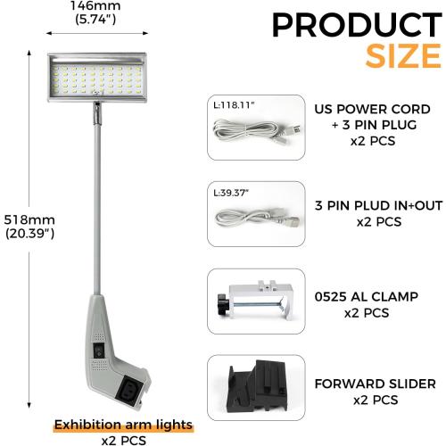 Trade Show Lights LED Display and Exhibit Arm Lighting, Connectable Tradeshow Lights Included Clamps, Mounting Brackets, Power Cables, Connect Cables (2pcs Grey)
