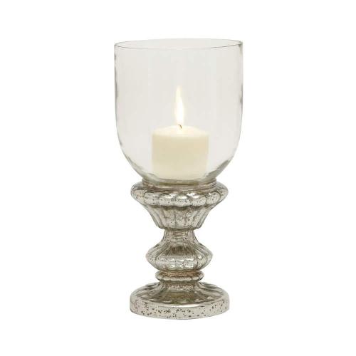 14 in. Silver Glass Handmade Turned Style Pillar Hurricane Lamp