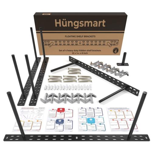 Hungsmart- 4 X 22 Inch Heavy Duty Floating Shelf Bracket - Long Wall Shelves Support Hidden Floating Shelf Hardware Black Shelf Brackets Perfect for K