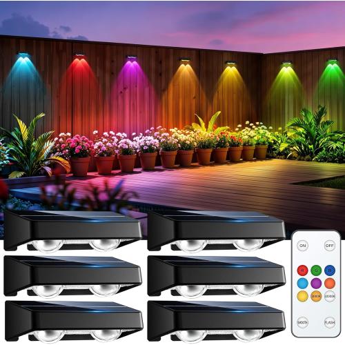 Solar Fence Lights Outdoor with Remote, 6 Pack 9 Colors & 11 Lighting Modes Fence Lights Solar Powered Waterproof IP65 Color Changing Solar Lights for Fence Garden Yard Patio Deck Step Wall