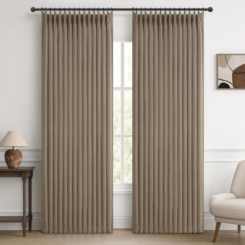 PleatedDrapes Textured Linen Blackout Curtains 90 Inches Long for Dining Room, Pleat Dark Flax Thermal Insulated Window Drapes Room Darkening Floor Length 90 Inch Curtain 2 Panel Set with Metal Rings