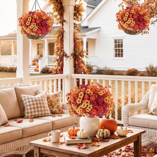 Powbrace 22 Pack Artificial Fall Flowers Mums for Outdoor Indoor(Fall Mix) | Fake Mums Plants Faux Fall Silk Flowers for Outdoors Outside Front Porch Hanging Planter Window Box Garden Fall Decoration