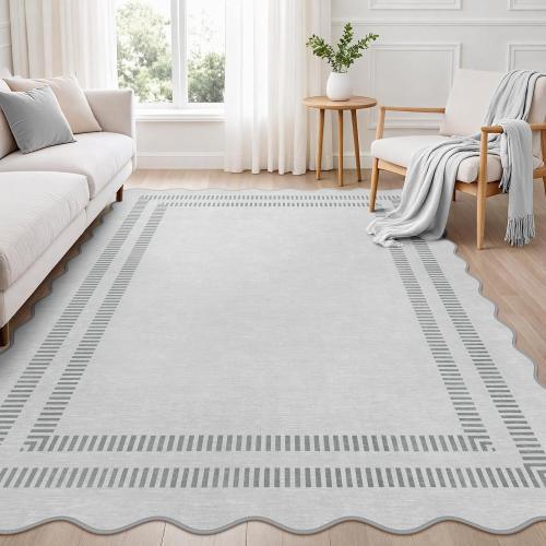 Area Rugs for Living Room, Solid Grey Rug Non Slip Scalloped Carpet with Rubber Back, Soft Low Pile Rugs for Nursery Bedroom Dorm