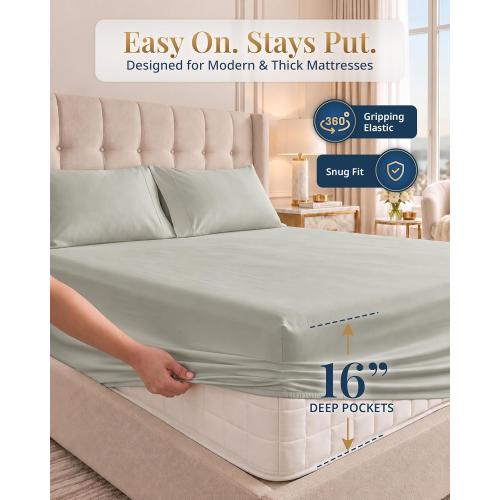 LANE LINEN King Sheets Cooling 100% Egyptian Cotton Sateen - Silver