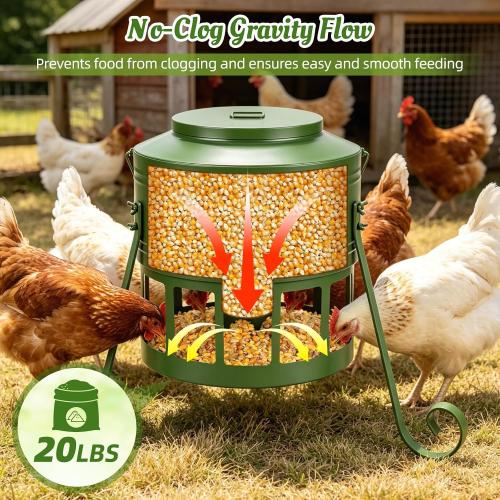 Chicken Feeder No Waste for Coop & Outdoors, 12 Port 20lbs Heavy Duty Metal Chicken Feeder, Poultry Feeder for Backyard Chickens, Smooth Edges for Safe Feeding (Green)