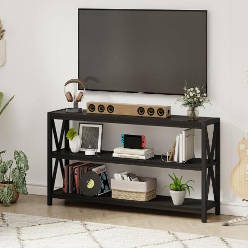 FATORRI Console Table for Entryway, Long Sofa Table with Shelves Under Window, Wood and Metal Hallway Tables for Foyer (55 Inch, Black)
