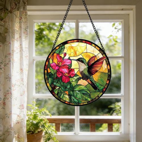 Stained Glass Suncatcher, Hummingbird Red Flowers Green Leaves Sun Catcher Stain Glass Window Hanging Decoration Mother's Day Birthday Gifts for Bird Lover Women Men Mom Nana 6.3 in