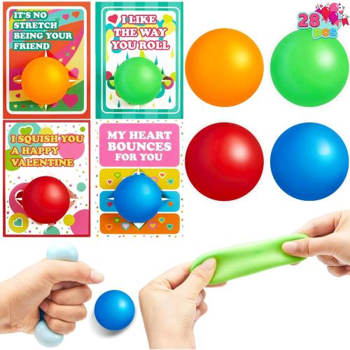 JOYIN 28 Packs Valentines Day Gift Cards with Stress Ball Set Stretchy Squishy Toy Balls Sensory Squishy Toys Stress Relief Toys for Kids Classroom Exchange Prizes, Valentine Party Favor