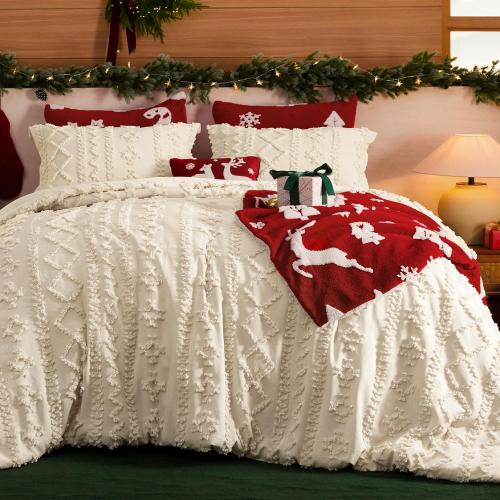 Bedsure Tufted Boho Comforter Set oversized queen Size - Beige Boho Bed Set, GentleSoft™Farmhouse Shabby Chic Embroidery Bedding, Gifts for Woman, Soft Jacquard oversized queen