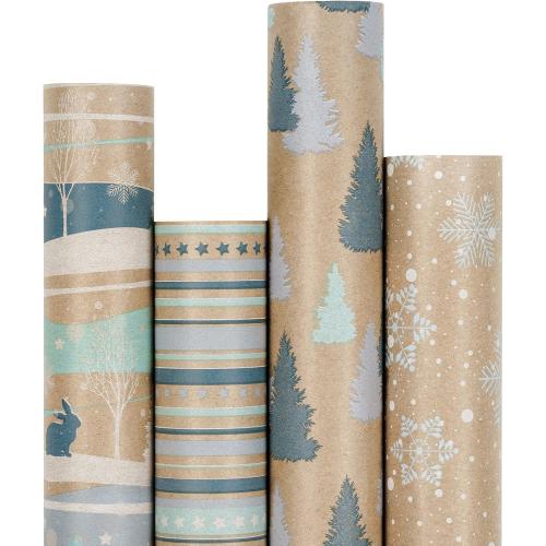 RUSPEPA Christmas Wrapping Paper, Kraft Paper - Reindeer, Stripe and Snowflakes in Blue Design - 4 Rolls - 30 inches x 10 feet per Roll