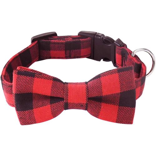 Malier Dog Cat Collar with Bow tie Christmas Plaid Dog Collar with Light Release Buckle for Small Medium Large Dogs Cats Pets - Small