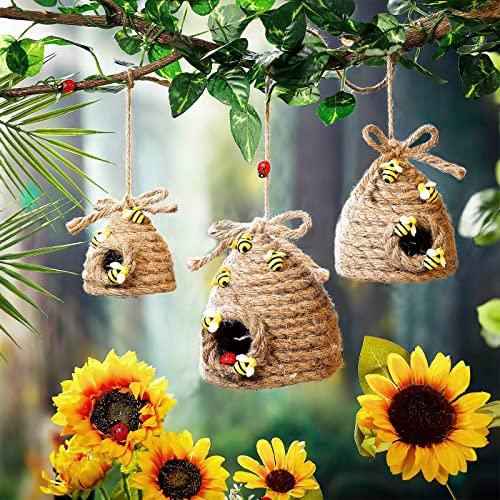 Jutom 3 Pcs Bee Hive Decor Honey Bee Tiered Tray Decor Summer Spring Honeybee Decorations Mini Jute Farmhouse Beehive for Kitchen Table Shelf Home Coffee Bar Themed Party(Vintage Color)