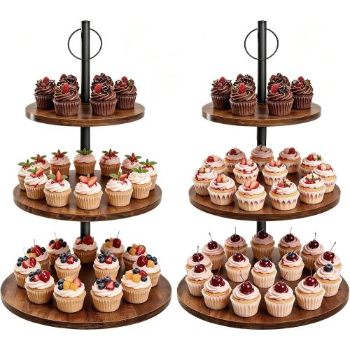 Wooden Cupcake Stand 2 Pack, Large Cupcake Tower Stand for 50 Cupcakes, 3 Tiered Wooden Serving Trays Stand, Soporte Para Cupcakes, Dessert Table Display
