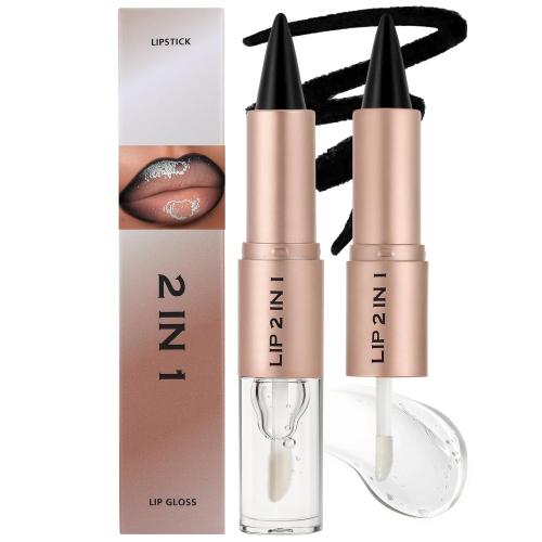 Lip Liner & Gloss Lipstick Combo - 2 in 1 Dual-Ended Lip Combo Set, Black Velvet Matte Lip Liner & Buildable Clear Mirror Glowy Lip Gloss Kit for Women, Long Wear Shiny Plumping Finish, 01