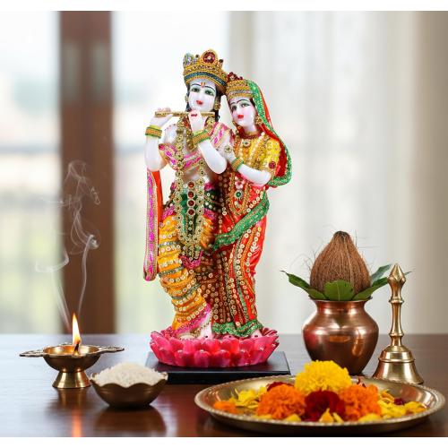 eSplanade Radha Krishna Kishan Standing on a Lotus Murti Idol Statue Sculpture - Resin - 16 Inches