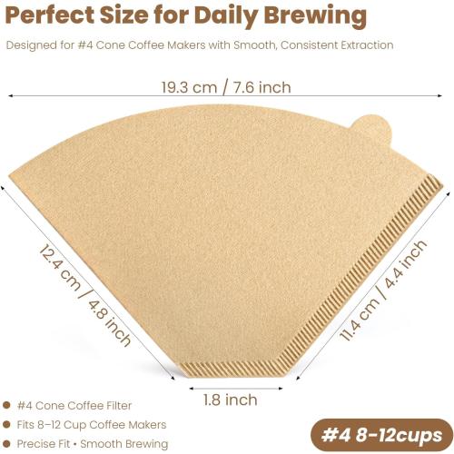 200 Count #4 Cone Coffee Filters, Unbleached Natural Paper Coffee Filters for 8–12 Cup Coffee Makers, Disposable #4 Cone Filters Compatible with Ninja Cuisinart, Drip Coffee Maker & Pour Over Brewers