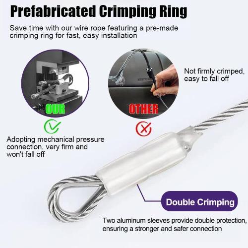 1/4 Stainless Steel Cable, 25ft Wire Rope with Wire Rope Clamps and Thimble, 6400lbs Breaking Strength, 7X19 Strands Aircraft Cable for Yard Zipline, Deck Railing, Boat Lifts