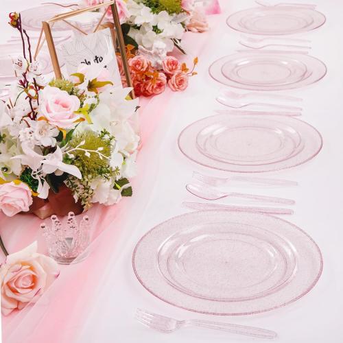 WDF 120pcs Pink Plastic Plates Disposable - Clear Pink Glitter Plates including 60PCS Dinner Plates 10.25inch and 60PCS Salad Plates 7.5inch for Wedding/Baby Shower/Spring/Birthday