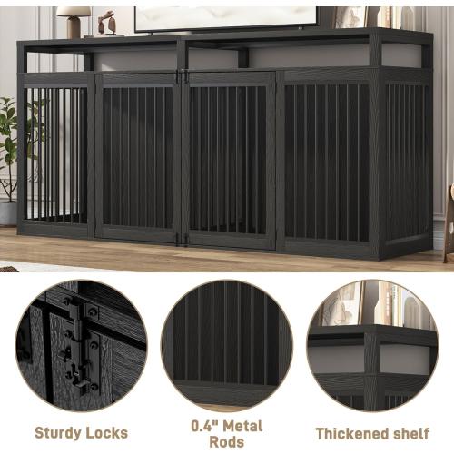 87In Farmhouse Dog Crate TV Stand, Wooden Dog Kennel Furniture with 2 Doors, Large Dog Crate Furniture for 2 Dogs, Solid Metal Tube & 4 Lockable Doors, Black